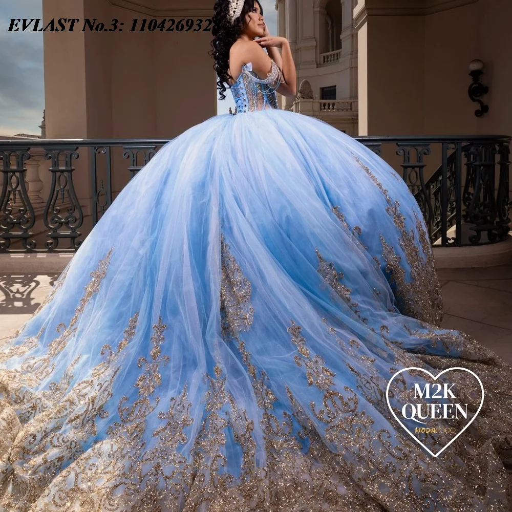 EVLAST Customized Mexican Blue Quinceanera Dress Ball Gown Gold Lace Applique Beaded Corset Sweet 16 Vestido De 15 Anos E3Q223