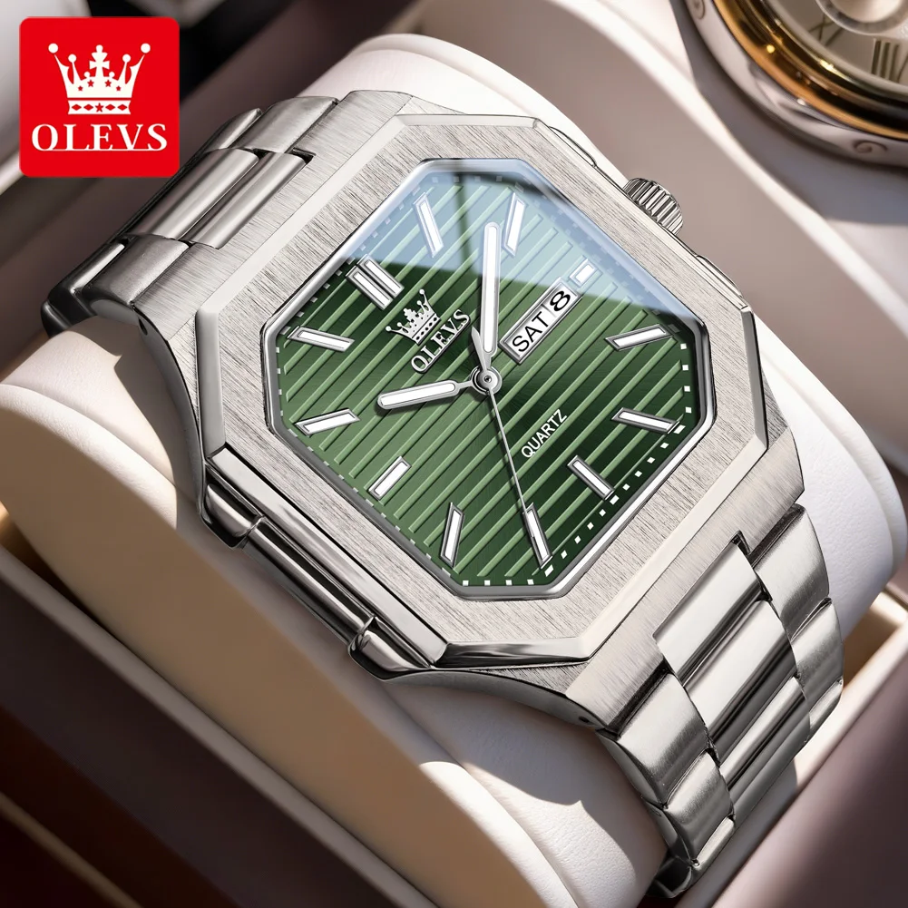 

OLEVS 3731 Кварцевые наручные часы для мужчин, из нержавеющей стали, с квадратным циферблатом, модные, простые, с двойным календарем, светящиеся, водонепроницаемые мужские часы