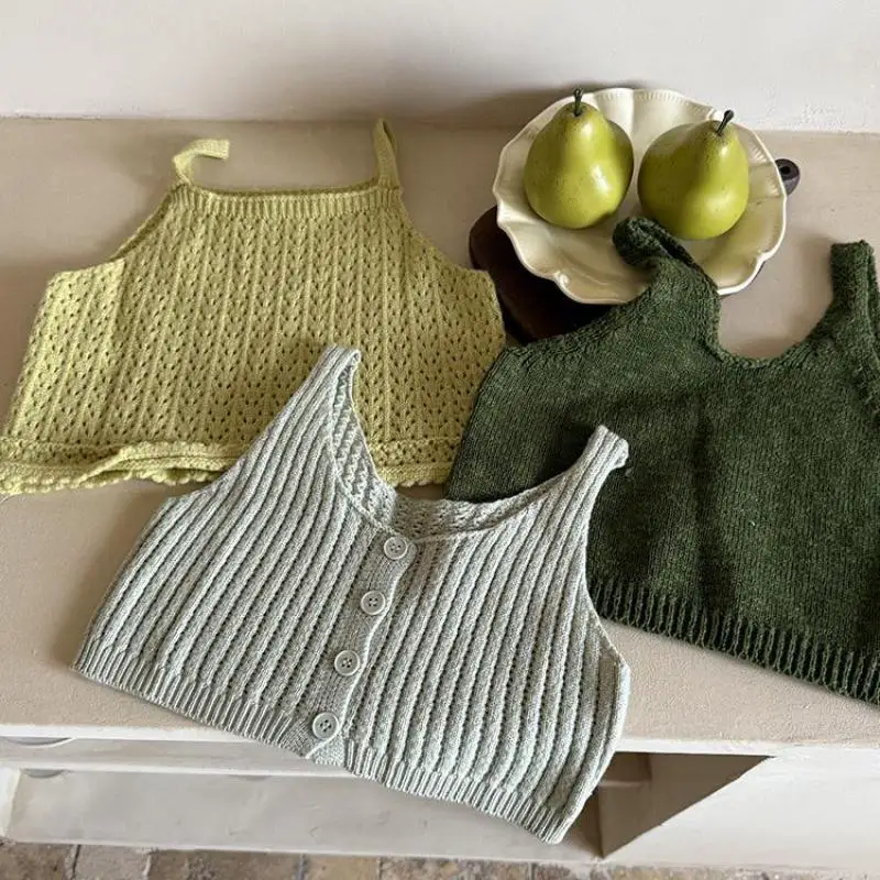 

2025 Autumn New Children Sleeveless Knitted Vest Solid Girls Woolen Sling Shirts Baby Casual Sweater Vest Kids Clothes