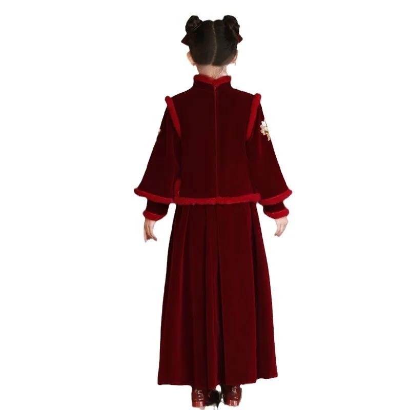 Retro Kids Hanfu Dress 2024 New Elegant Girls Chinese Festive New Year Clothes Perform Costume Children Christmas Birthday Gift