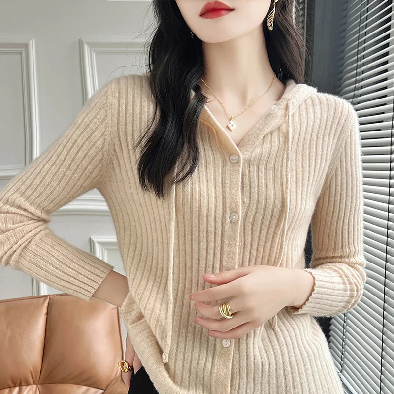 Women\'s Cardigan Autumn/Winter 100% Wool Sweater Casual Solid Knit Cardigan Hooded Collar Tops Ladies Clothes Slim Fit Blouse