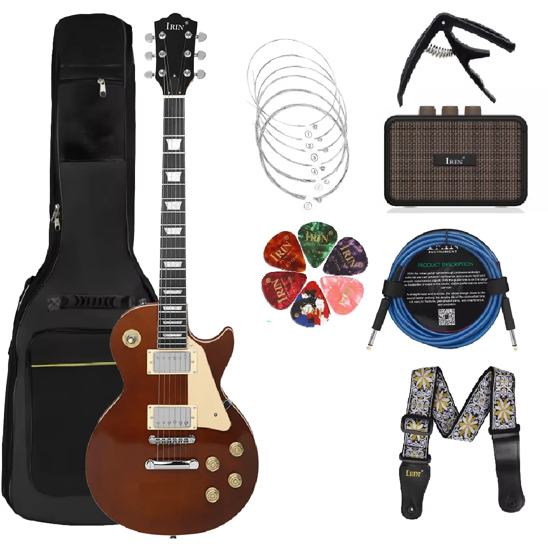 IRIN 6 Strings Brown Electric Guitar 39 Inch Solid Full-size Electric Guitar Starter Kit Includes Amplifier Bag Strap