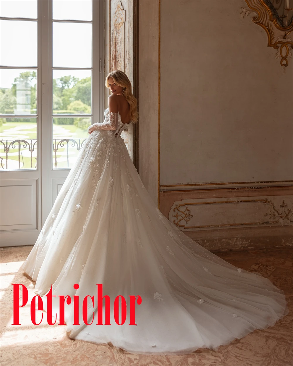 Personalizado de alta qualidade apliques sem alças manga destacável mangas compridas vestido de casamento requintado capela trem vestidos de noiva