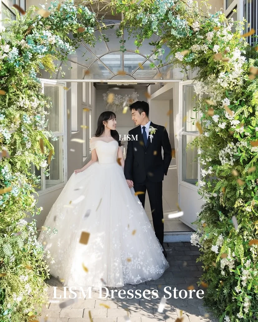

LISM Off Shoulder Sweetheart Korea Wedding Dresses Photo Shoot Silk Tulle Lace Simple Bridal Gowns 웨딩드레스 Customized Corset