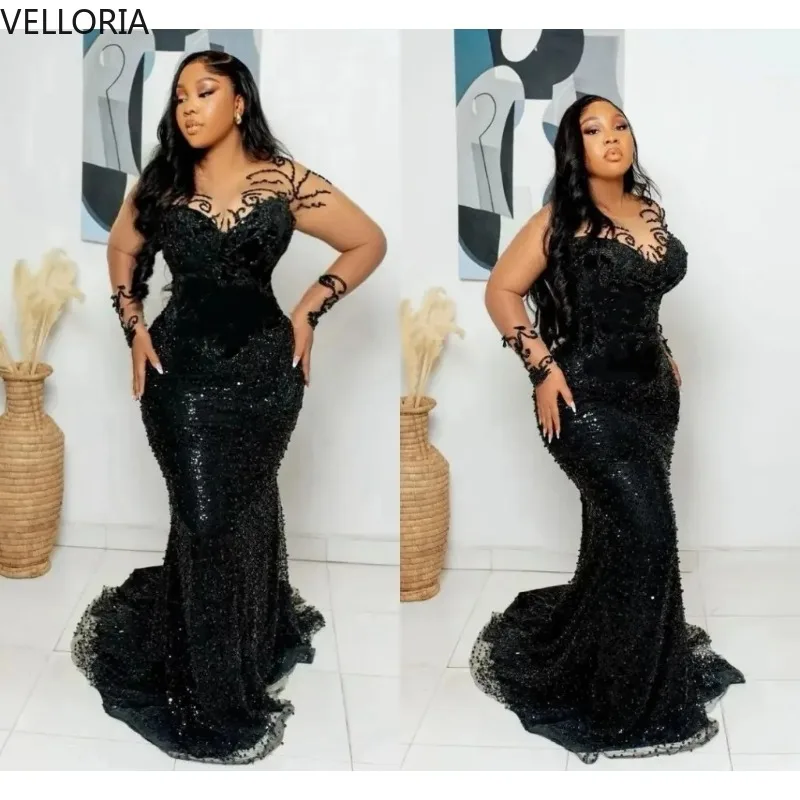 

Elegant Black Sequin Ball Gown Mermaid Evening Dress Long Sleeves Formal Reception Party Dress Vestdos De Fiesta Customized
