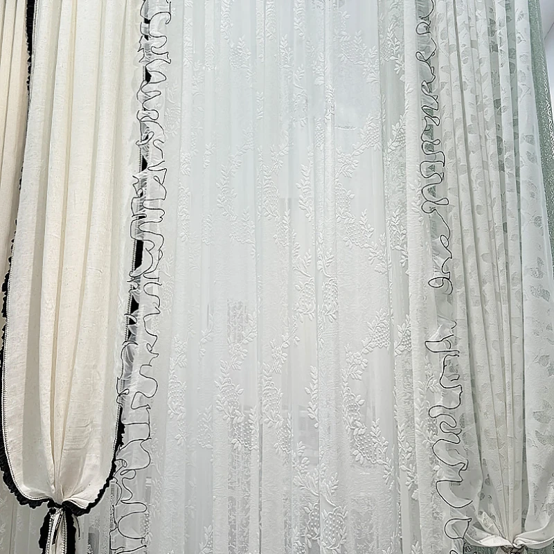 New Lace Tulle Flocking Curtains for Bedroom Living Room Window Villa Custom Blackout Luxury Jacquard Gauze Fabric Decor Custom