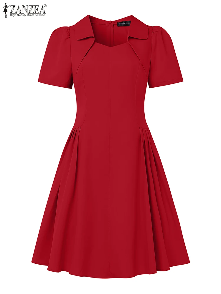ZANZEA Fashion Chic Woman Knee-Length Dresses Elegant Turn-Down Collar Short Sleeve Waist-Gathered A-Line Robe OL Vestidos Mujer