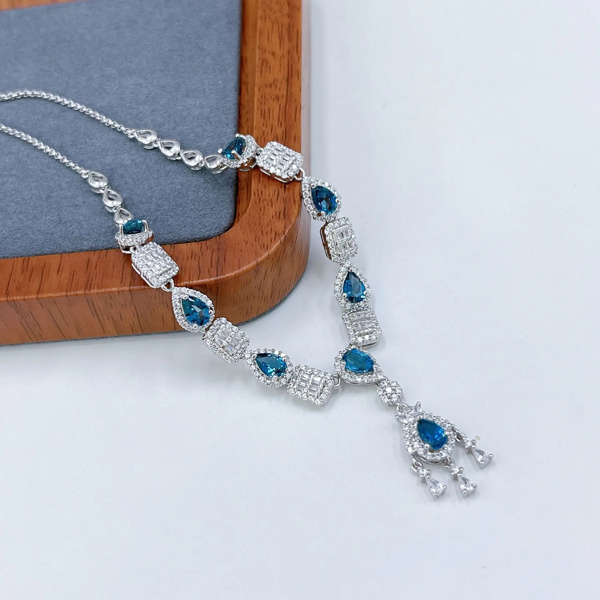 4*6mm London Blue Topaz Drop Necklace 925 Sterling Silver White Gold Plated Cubic Zirconia Inlay Statement Jewelry