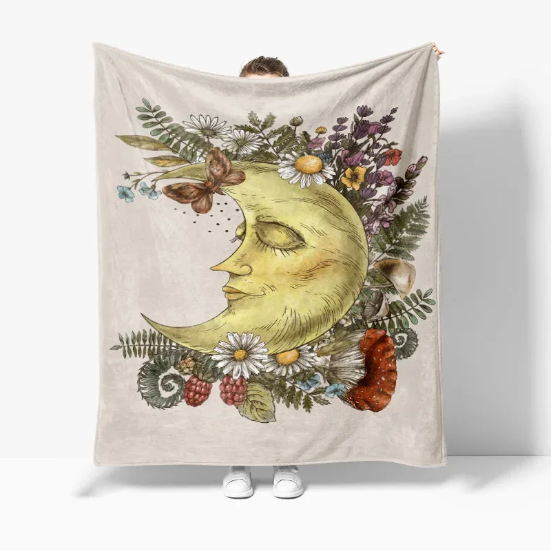 

Moon and Sun Insects Vintage Pattern Flannel Throw Blanket Vintage Magic Flower Boho Witchcraft Home Sofa Decor Kids Adults Gift