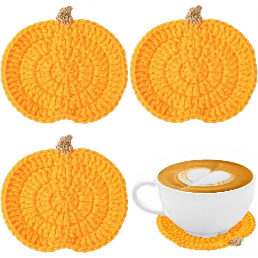 

4 Pcs Crochet Pumpkins Coaster Knitted Drink Coaster Set Autumn Drink Cup Pad Mats Absorbent Bottle Mug Place Mats for Table P