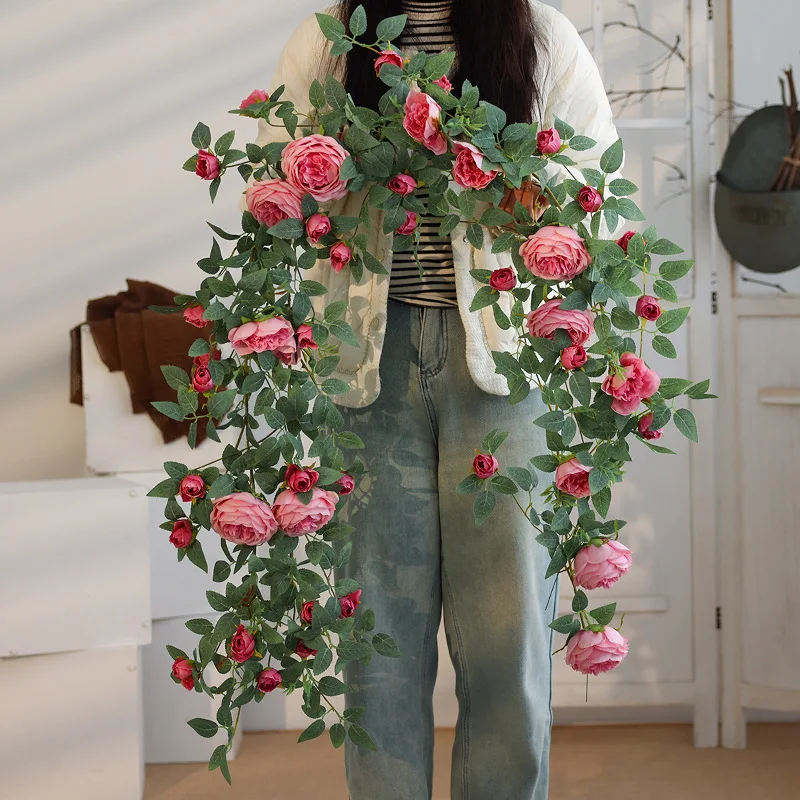 Flor falsa de vid rosa simulada, vid de plástico, tubo de aire acondicionado, decoración de vid enrollada, planta de tira de flores de techo de bloqueo