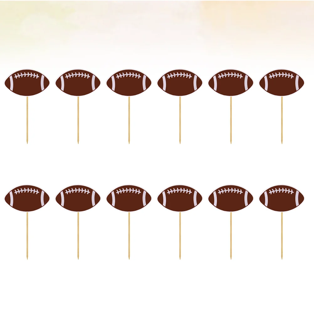 12 Pcs Cake Rugby Picks Party Decorate Cupcake Paper Topper Bamboo Wooden Dessert