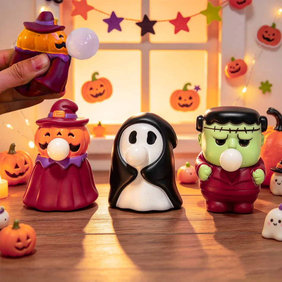 Squishy Toys Halloween Stress Relief Bubble-Blowing Pumpkin Ghost & Frankenstein Figures Decorative Ornaments Squeeze Toys Gifts