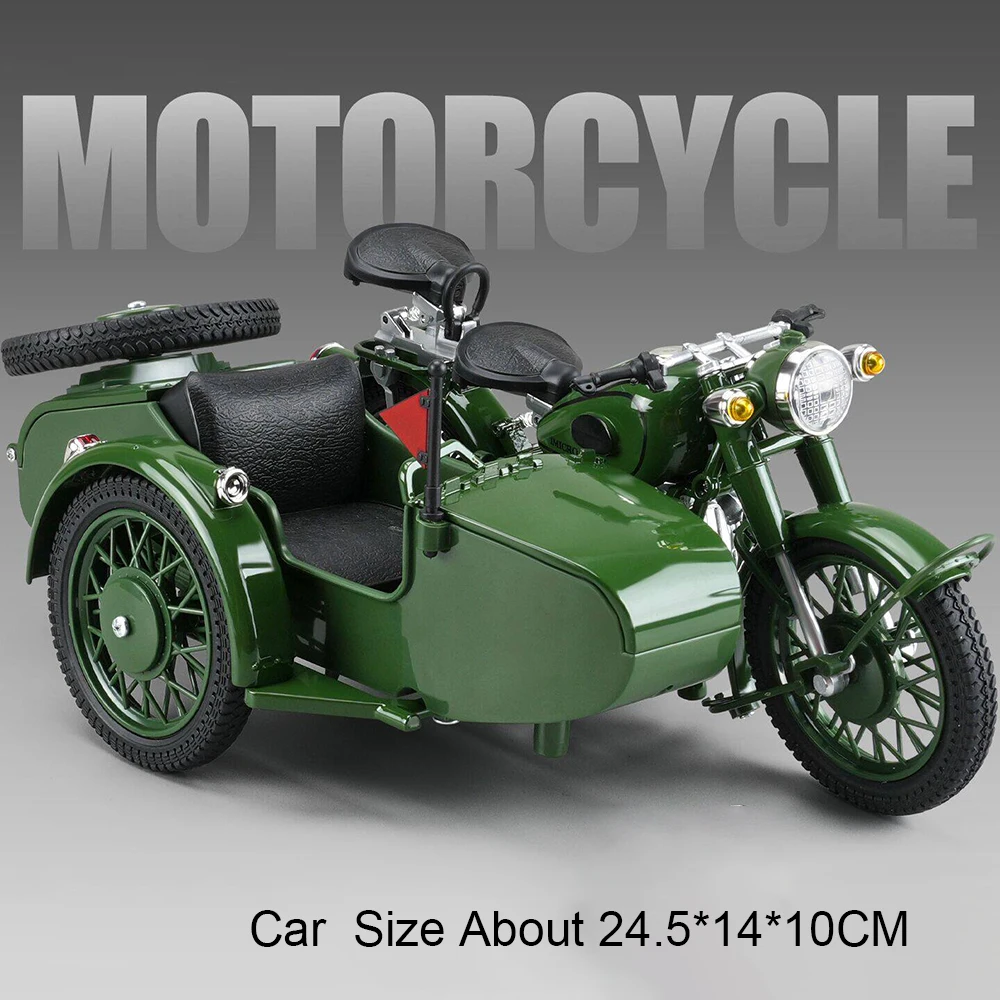 1:10 Sidecar Motorfiets Legering Model Diecast Speelgoedauto's Kofferbak Open Voorwiel Besturing Miniatuurvoertuigen Bureaubladdecoratie