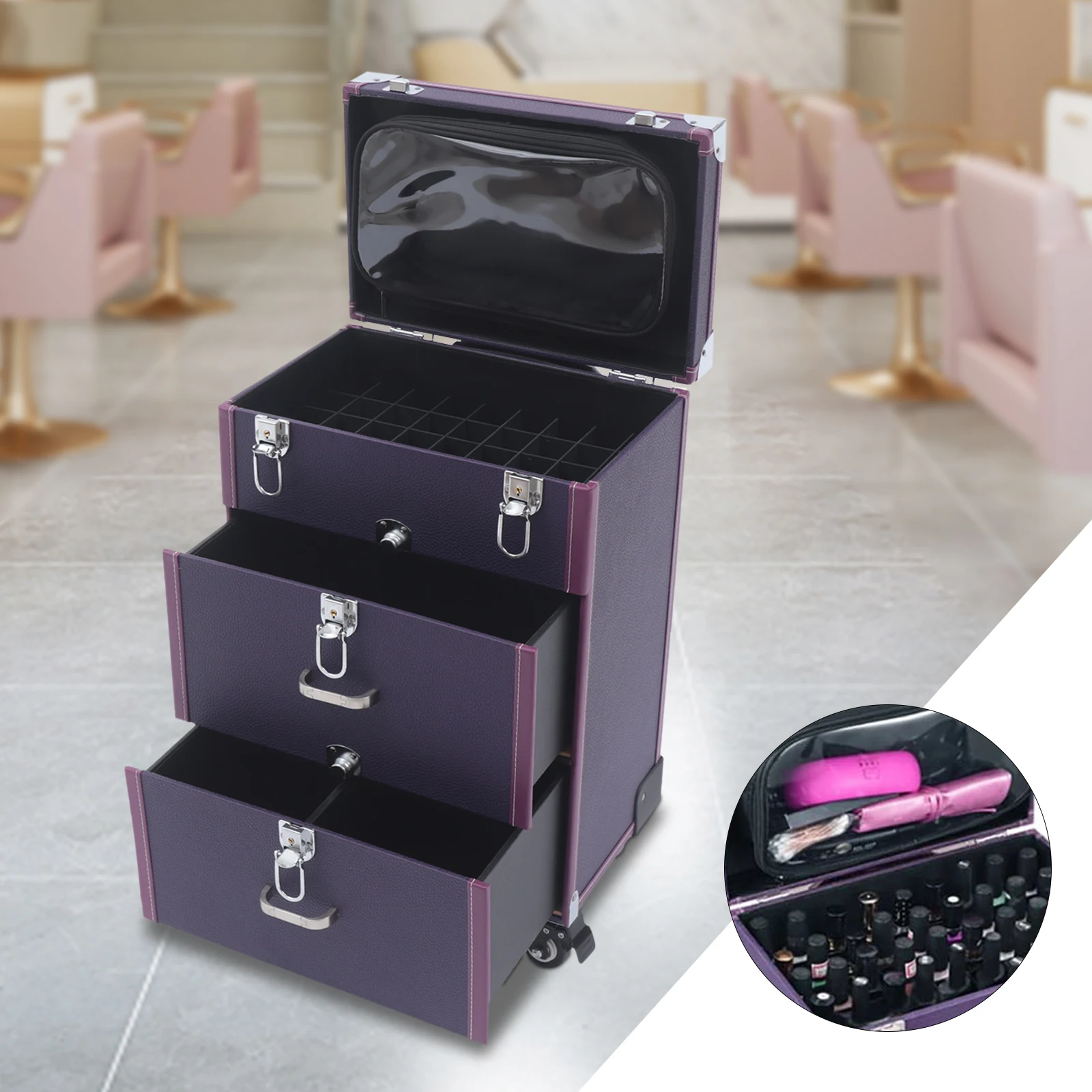 Makeup Train Case, Rolling Jewelry Makeup Travel Trolley Case, Nail Polish Organizer w/ 4 Wheels, Purple