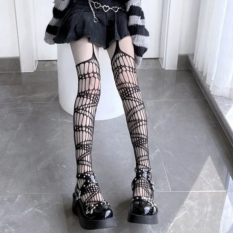 Sexy Spinnenweb Kousen Vrouwen Dij Hoge Visnet Mesh Panty Panty Gothic Lolita Legging Donkere Spin Uitgehold Lange Sokken