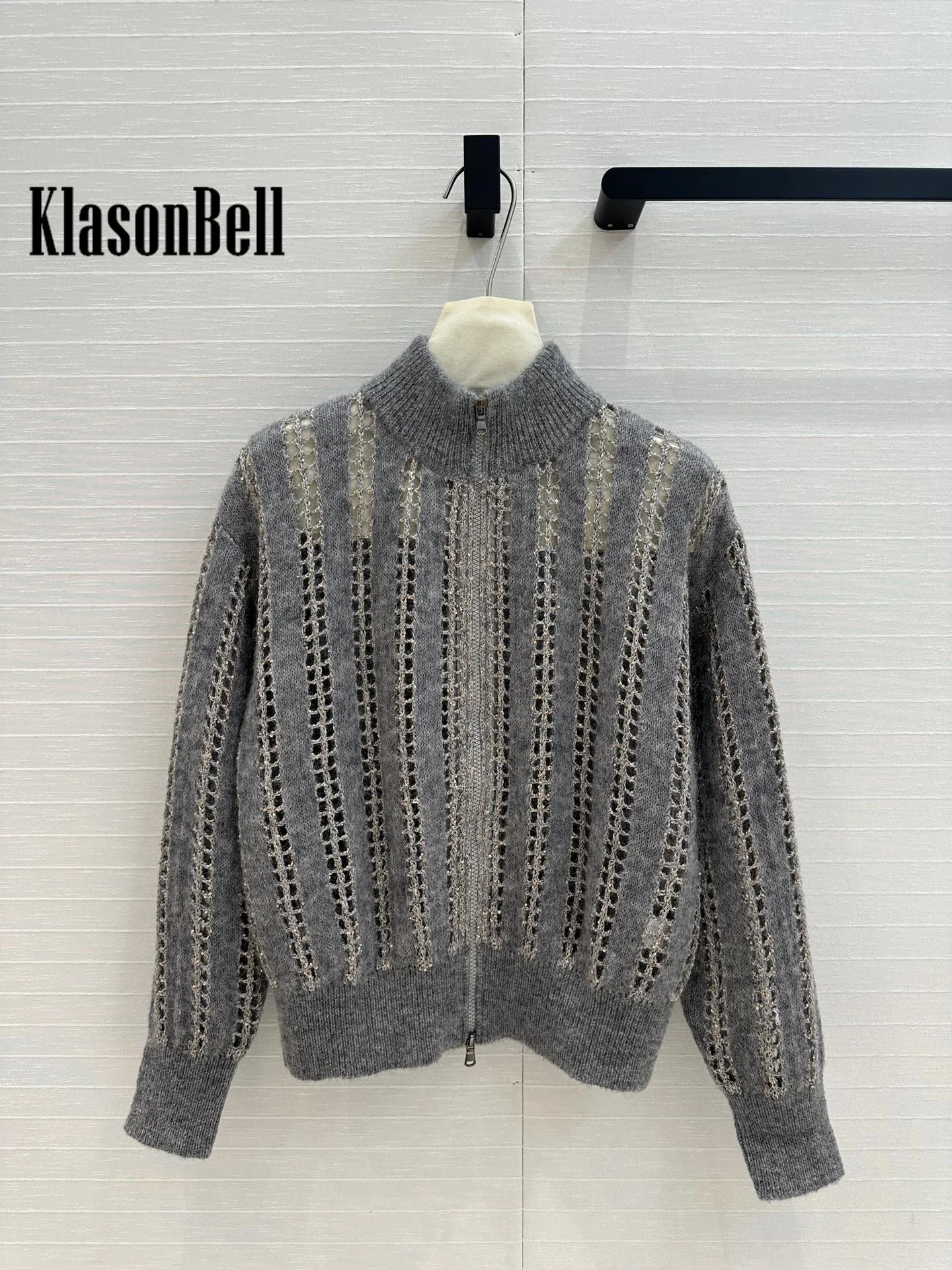 10.9 KlasonBell Women Clothes Sequins Hollow Out Cardigan Double Zipper Stand Collar Wool Mohair Blend Knit Coat