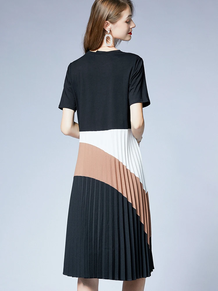 High-End plus Size Women's Summer New Loose Slimming Tummy Covering Faionable Plaid Pleated Dr Street Sle round Ne M...