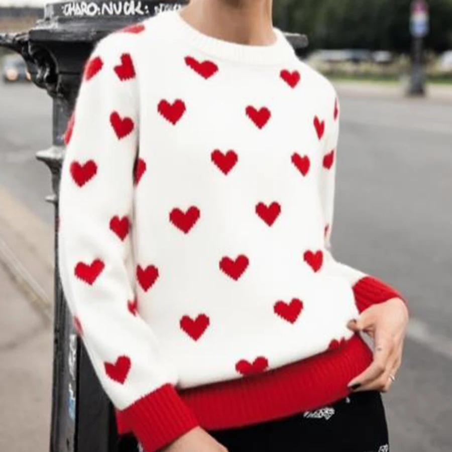 

Классический женский осенне-зимний свитер свободного покроя, повседневные вязаные топы с круглым вырезом и длинными рукавами с узором в виде сердечек в рубчик