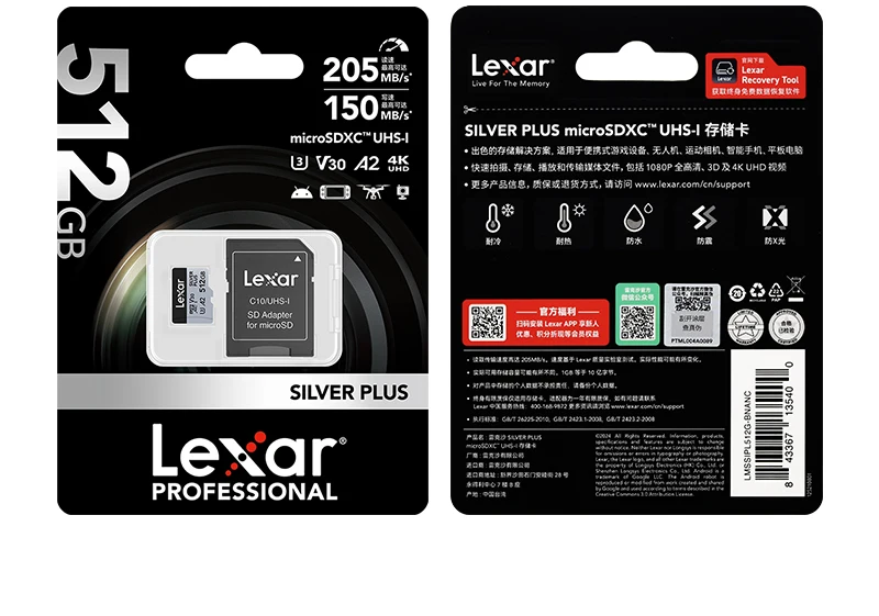 Lexar SILVER PLUS microSD-Karte SDXC UHS-I A2 V30 U3 205MB/s 1366X TF-Karte 64GB 128GB 256GB 512GB 1TB für DJI Drohne 4K Video – Detail 26