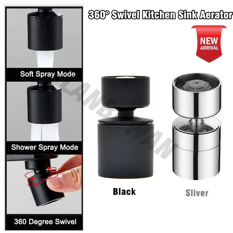 New Dual Mode 360° Swivel Kitchen Sink Pressurized Aerator Black Sprayer Faucet Head Washbasin Faucet Nozzle Anti Splash Filter