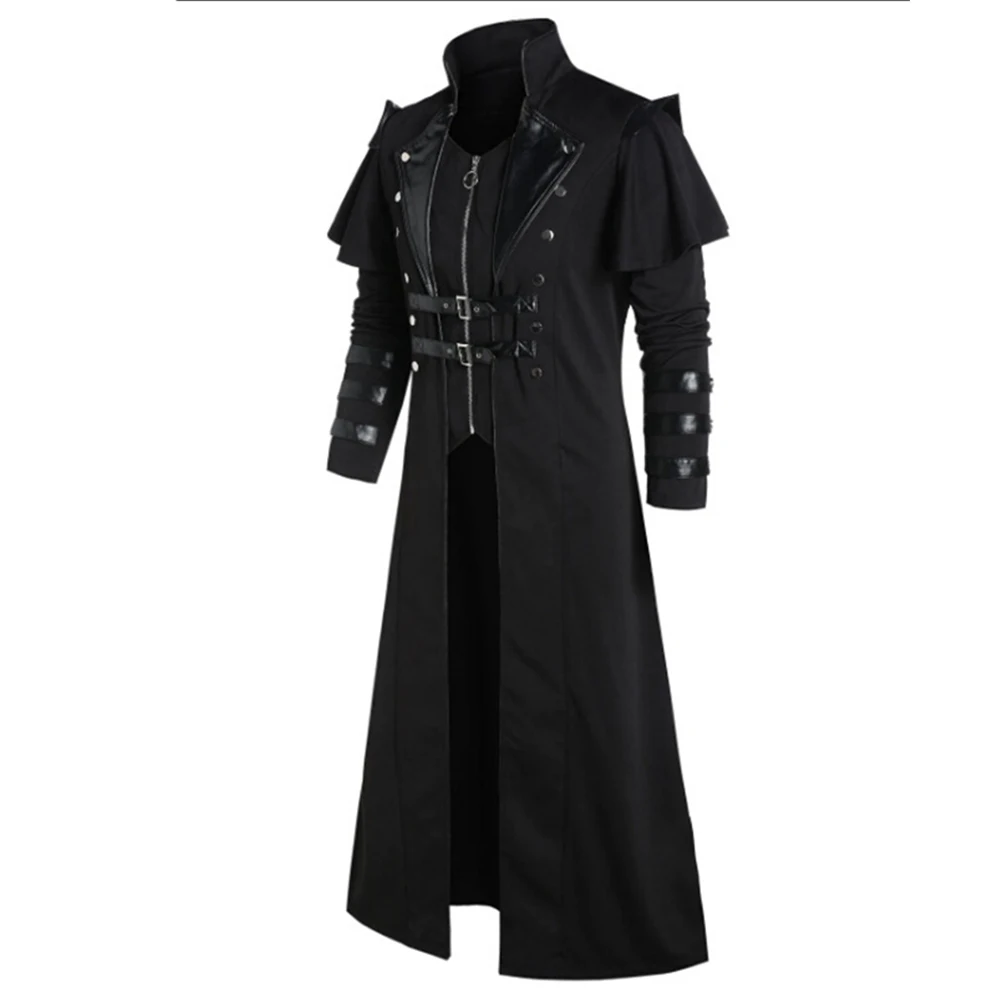 Medieval masculino casaco longo jaqueta gótico steampunk com capuz trench cosplay traje