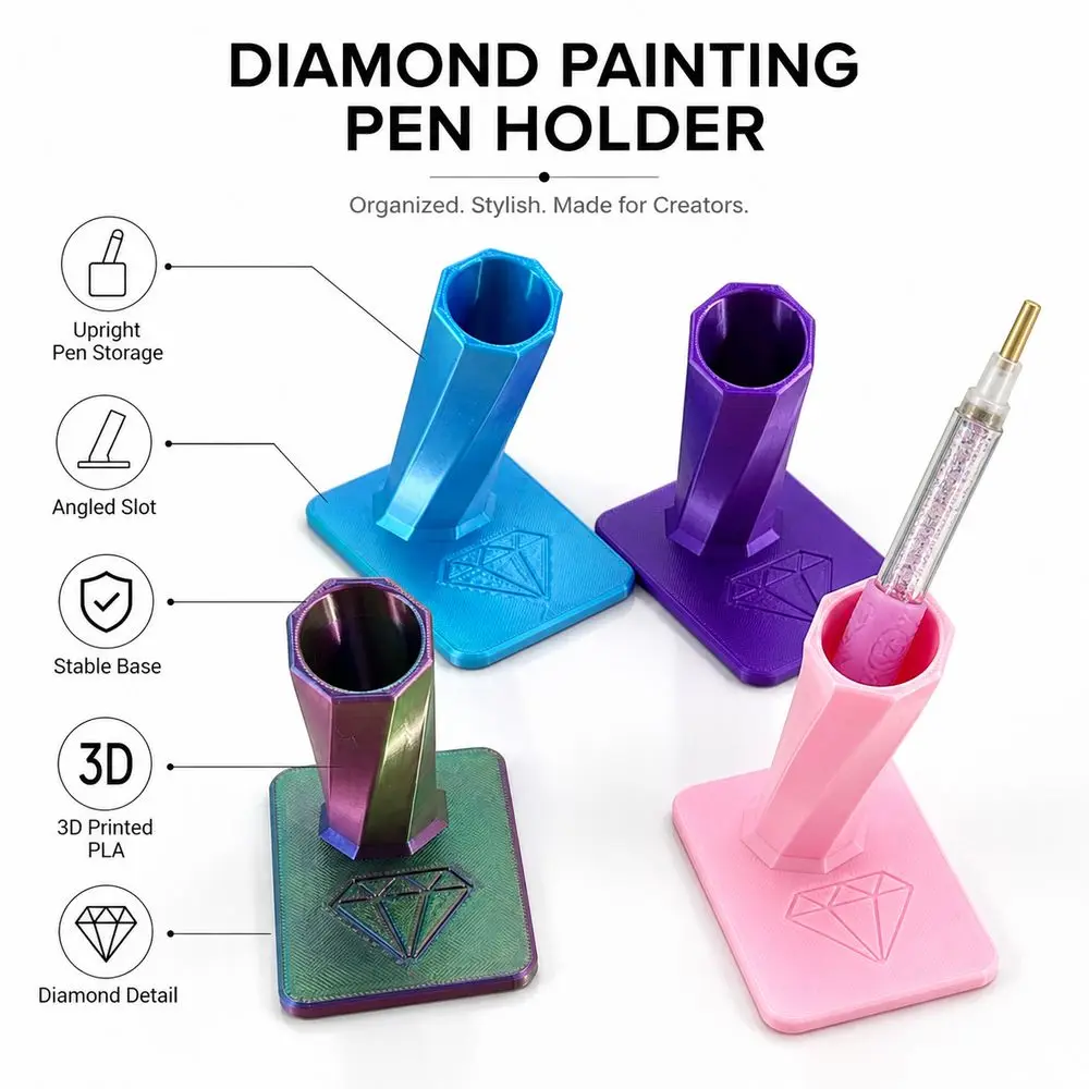 3D Printed PLA Diamond Painting Pen Holder Stable Square Base Angled Pen Slot Painting Stylus Stand Diamond Pattern