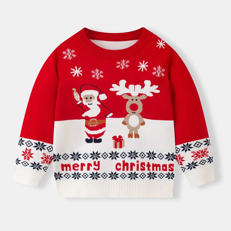 

Children's Knitted Sweater Cartoon Santa Claus Reindeer Long Sleeve Boys Girls Cute Xmas Pullovers Warm Soft Knitwear