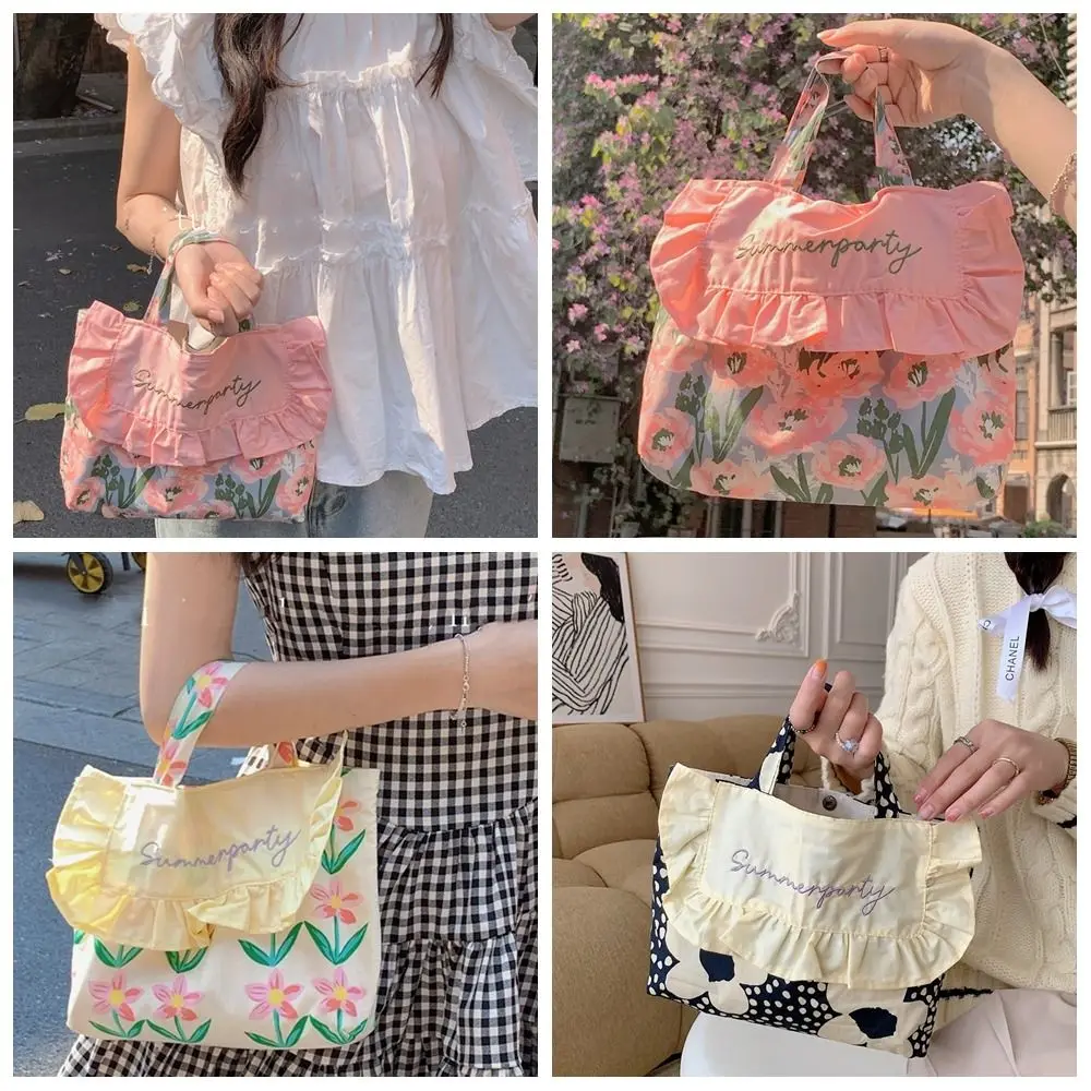 

Printed Floral Embroidery Canvas Bag Flower Lace Print Cloth Bag Countryside Style Large Capacity Canvas Shoulder Bag Girls
