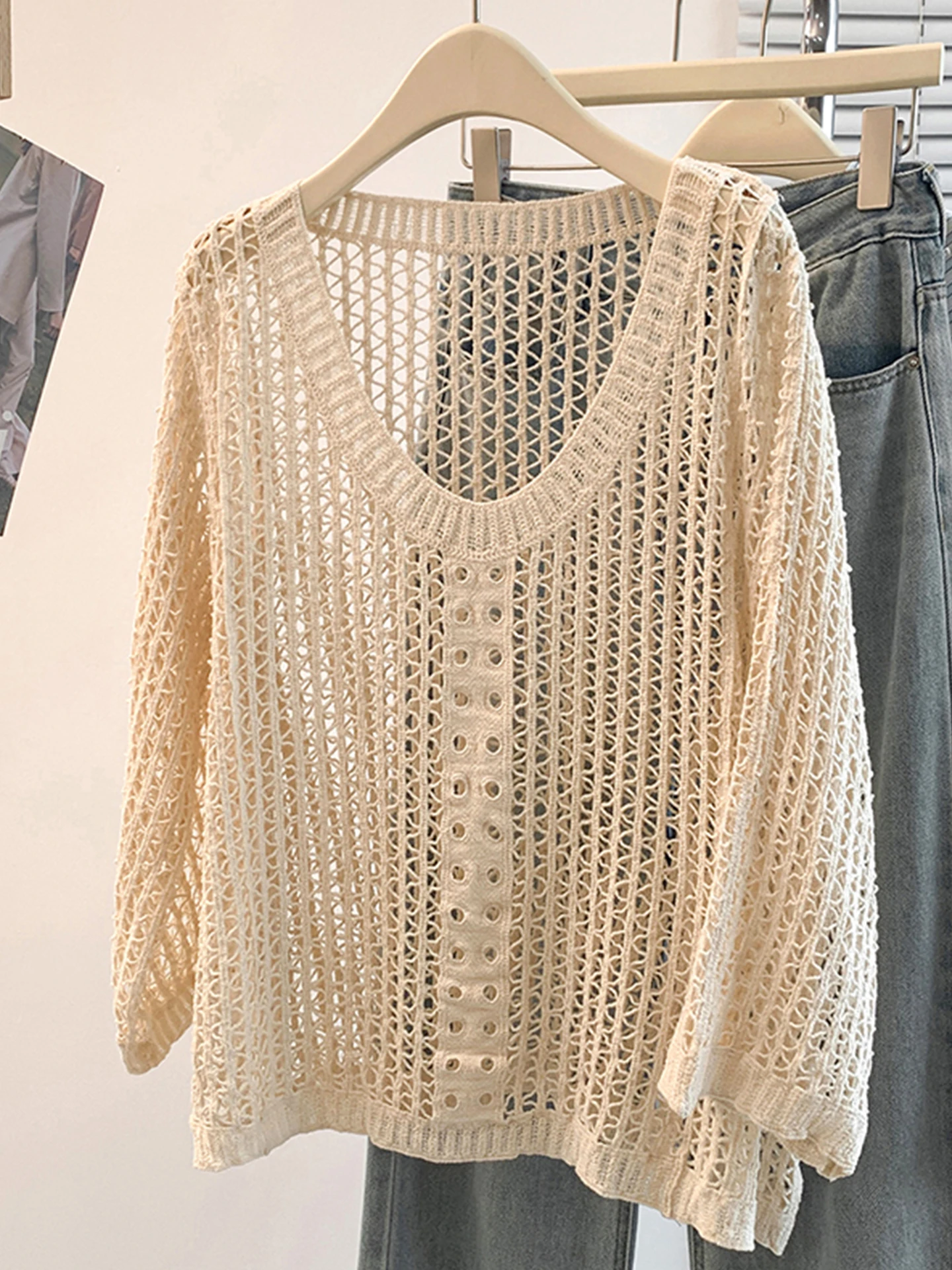 

Женская трикотажная кофта с V-образным вырезом и ажурной вязкой, свободного кроя, модная верхняя одежда для весны и лета, топ большого размера