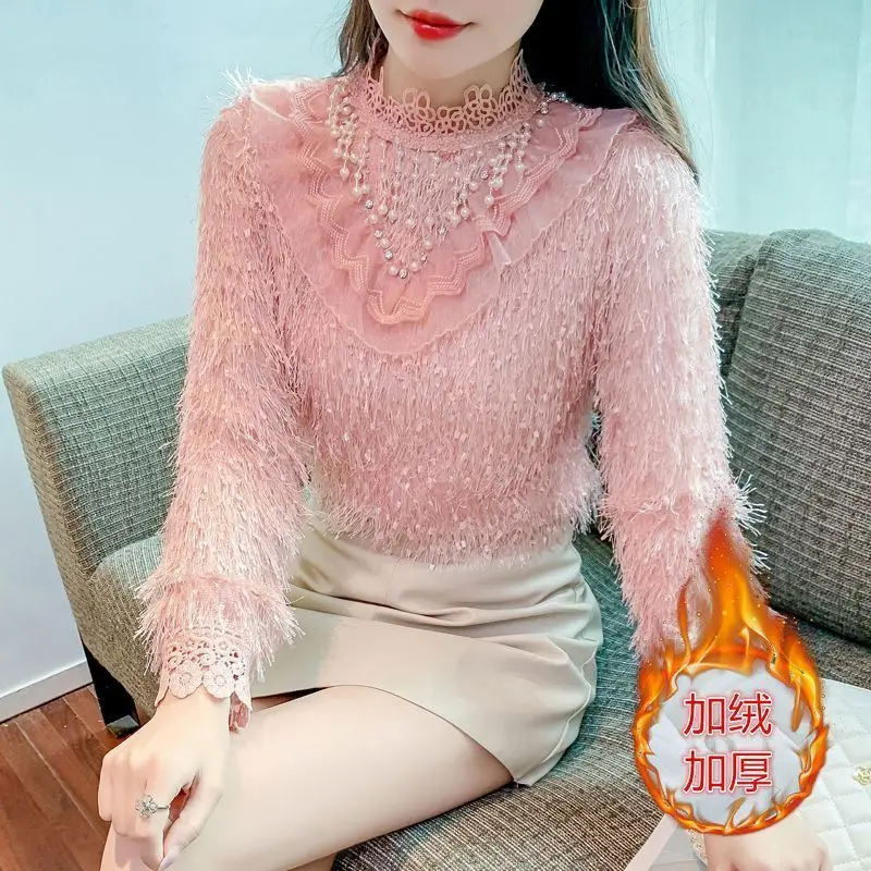 Top de encaje con cuello levantado y manga larga gruesa para mujer, camisa de terciopelo de seda con diamantes de lujo, Otoño Invierno TT754