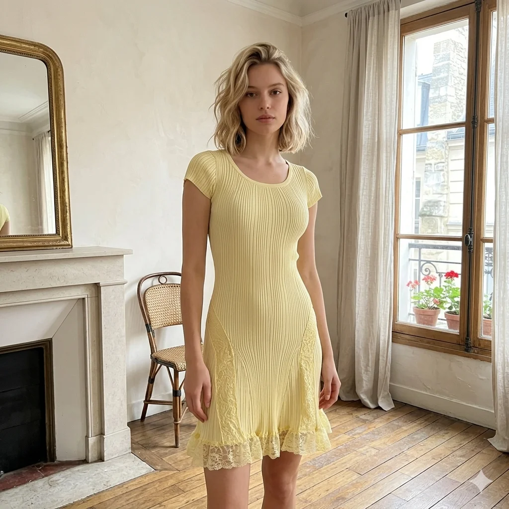 

Элегантное желтое мини-платье в рубчик с кружевными вставками, сексуальное, облегающее, с коротким рукавом, для вечеринок, лето 2026