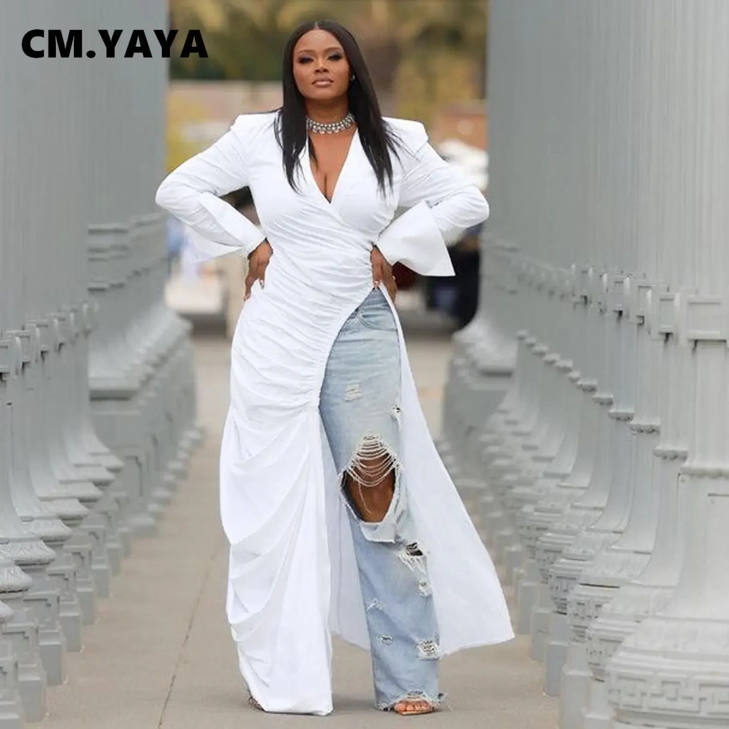 CM.YAYA Vintage Women Long Sleeve High Side Split Ruched Up Wrap