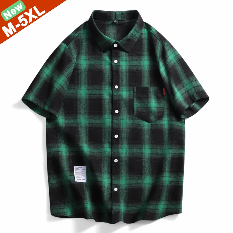 Summer Shirts Men Short Sleeves Plaid Mens Shirts Male Casual Drop Shoulder Clothing Youth Boy Korean Fashion Plus Size 4XL 5XL