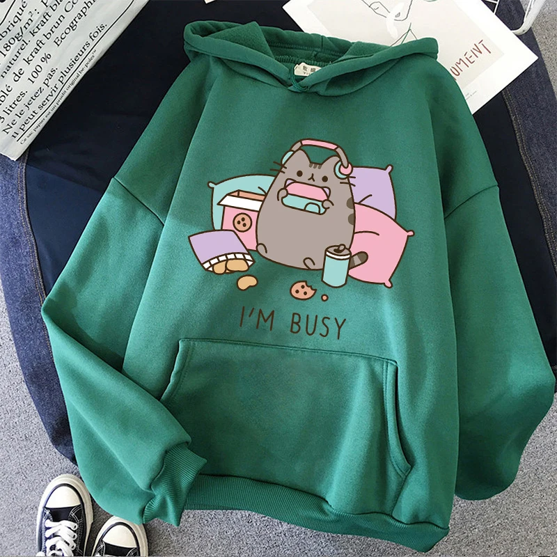 Sudadera Ullzang con bonito gato para mujer, sudadera con capucha de estilo coreano con dibujos animados divertidos de Pusheen Cat Kawaii Harajuku,