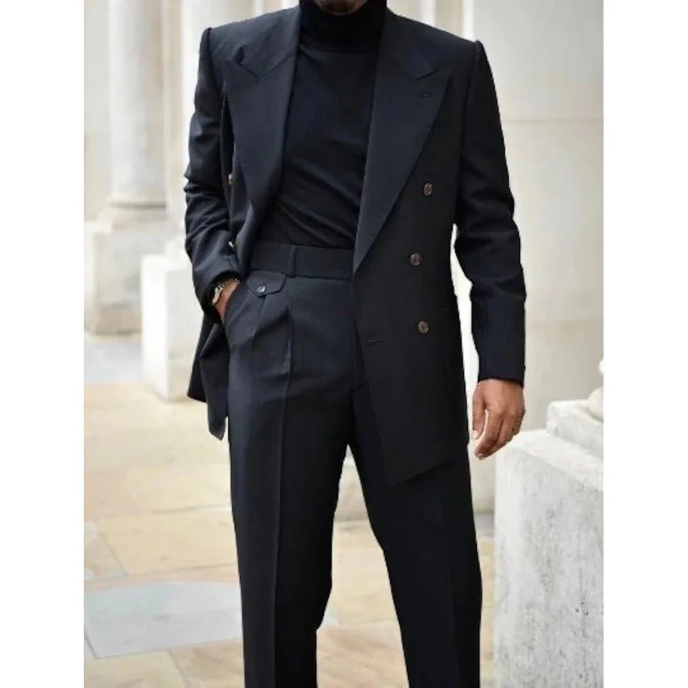 

Navy Blue Men's Suits Double Breasted Peaked Lapel Elegant Prom Party Outfits Formal 2 Piece Jacket Pants trajes de hombre 2024