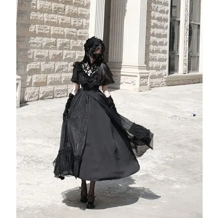 Coalfell French Retro Lace Collar Princess Dress Lolita Gothic Courtly Style Vintage Dress Women