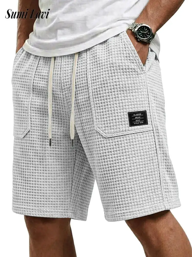

Fashionable Mens Loose Straight Waffle Shorts 2026 Spring Summer Casual Solid Color Drawstring Shorts Men Daily Leisure Shorts