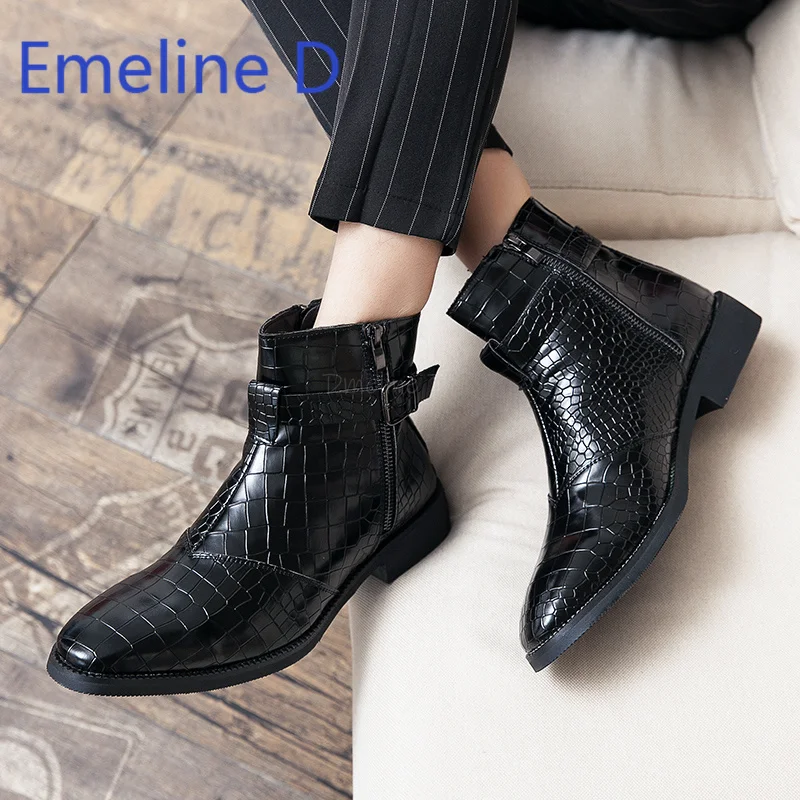 

Crocodile Side Zipper Patterned Short Boots Fashionable British Style Low Heel Pointed Casual and Versatile High Top Boots