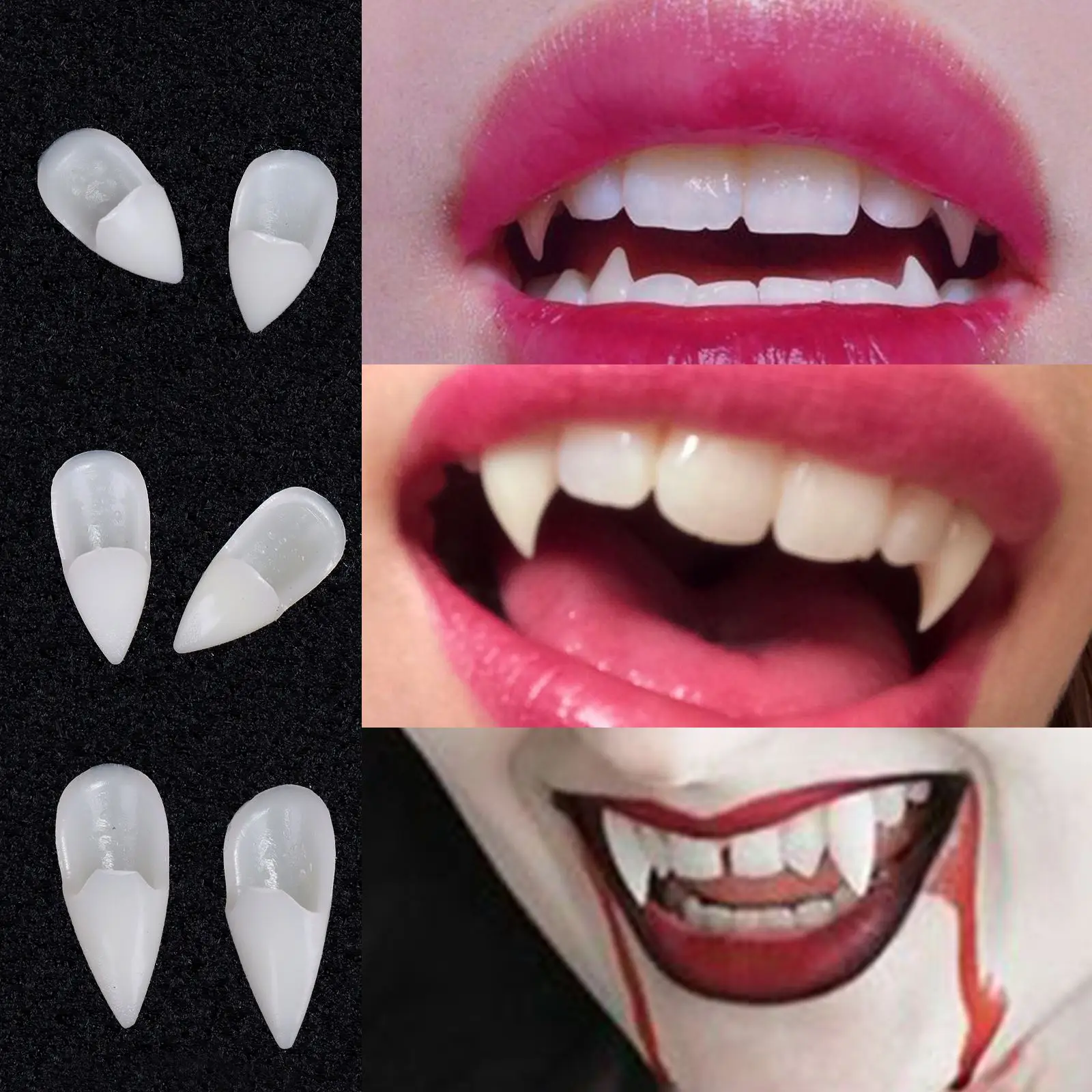 Decoração de halloween dentes de vampiro presas dentaduras adereços halloween cosplay adereços presas falsas com cola sólida adereços de halloween