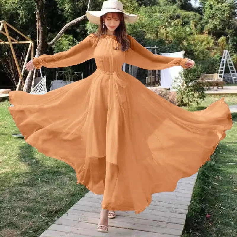Beach Chiffon Super Long Dress Women's New Arrival Spring Autumn Chic Dress  Elegant Long-Sleeved Loose Lace-Up Slim Dresses - AliExpress 200000345