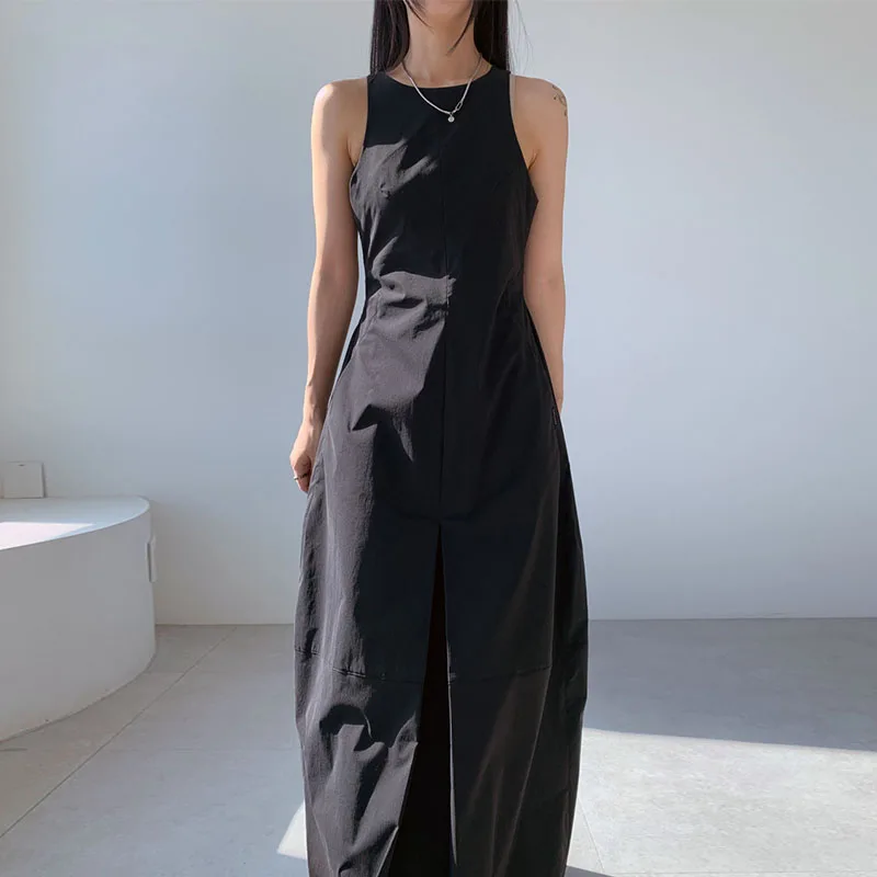 Minimalist Round Neck Double Pocket Dress Pleated Waist Over Knee Long Tank Robe Femme Casual Ruched Fashion Solid Vestidos