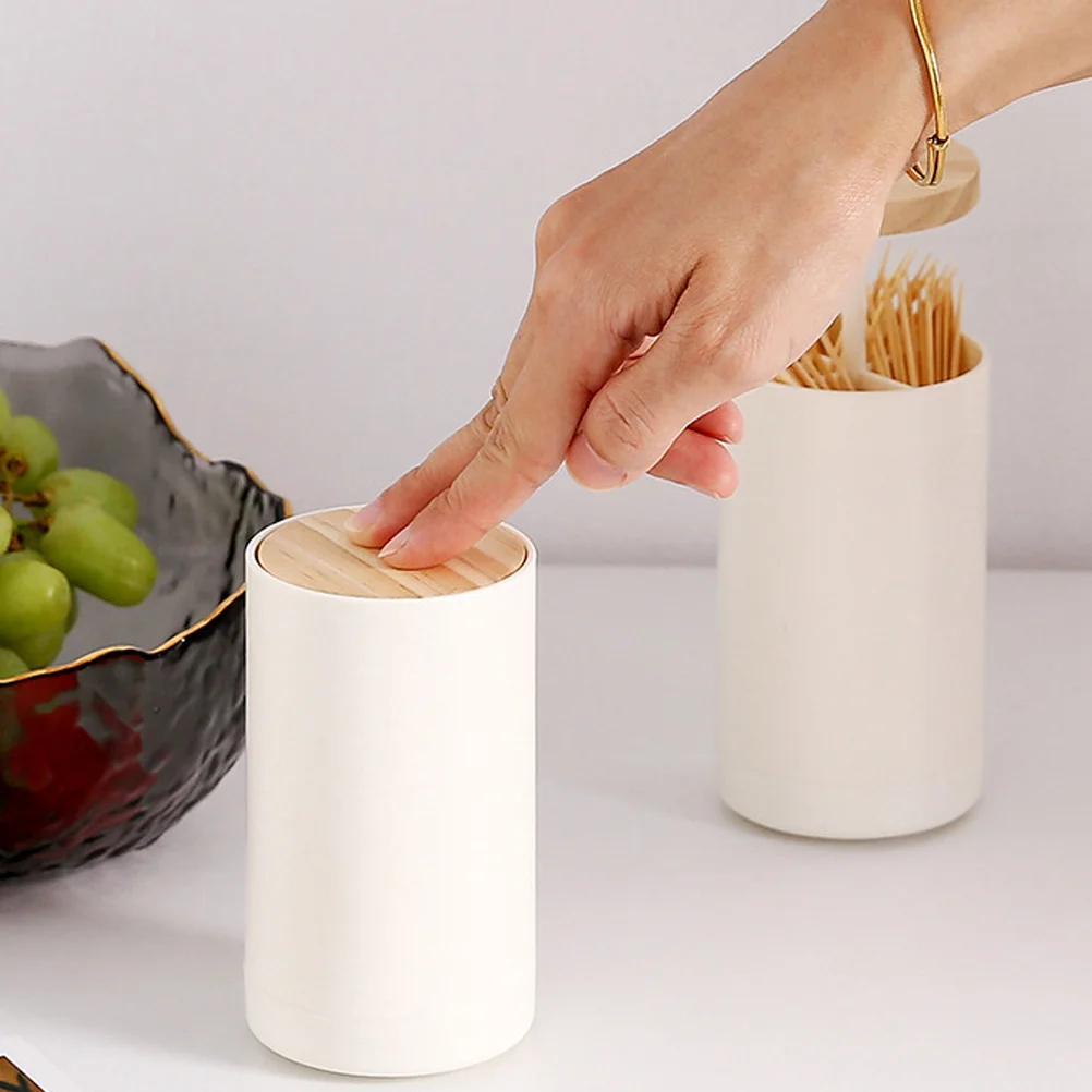 

Creative Toothpick Can Simple Beige Press Retractable Holder for Toothpicks Cotton Swabs Collection Box Portable Travel Use