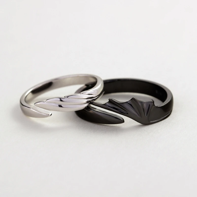 2Pcs/Set Adjustable Ring Couple Matching Rings for Woman Man Angel Devil Open Rings Black White Couple Ring for Her Him