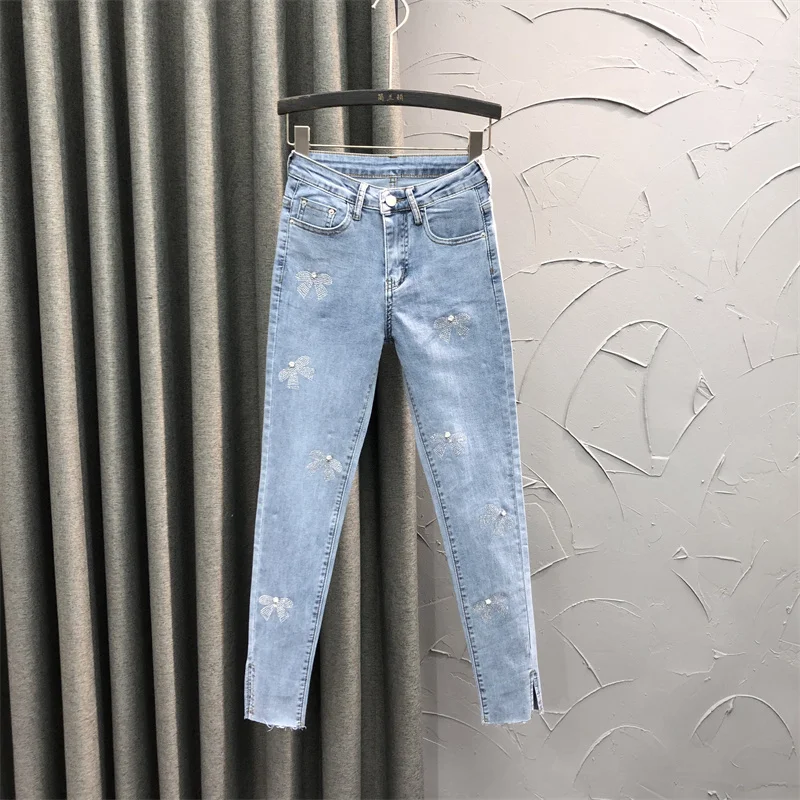 

Diamond Small Feet Jeans for Women 2024 New Spring High Waist Slim Pant Hem Split Pencil Pants