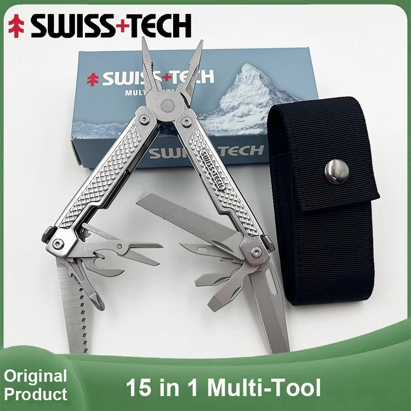Многофункциональный инструмент SWISS TECH 15 в 1: плоскогубцы, складные ножницы, пила, многофункциональный инструмент для активного отдыха, EDC-инструменты, снаряжение для кемпинга