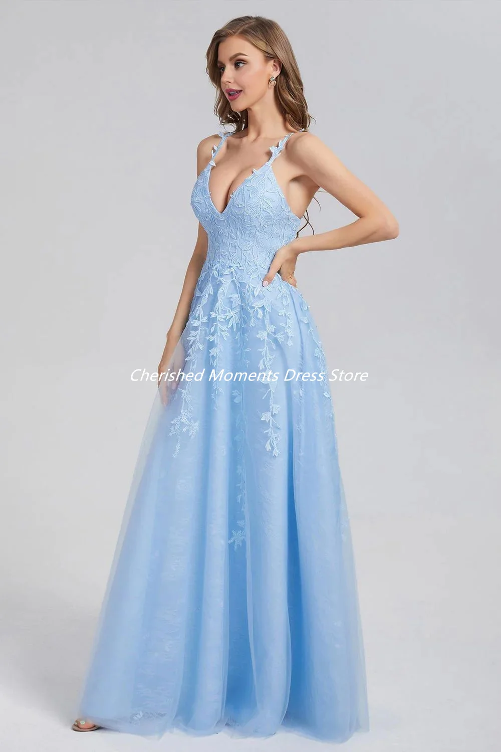 

A-Line Spaghetti Straps Long Lace Tulle Prom Dresses 2024 Backless vestidos de festa Formal Evening Dress for Women فساتين سهرة