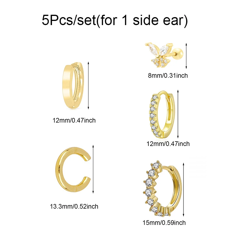 CRMYA 5 pezzi/set orecchini per donna moda polsino dell'orecchio zirconi farfalla orecchini a cerchio orecchini da donna gioielli da festa