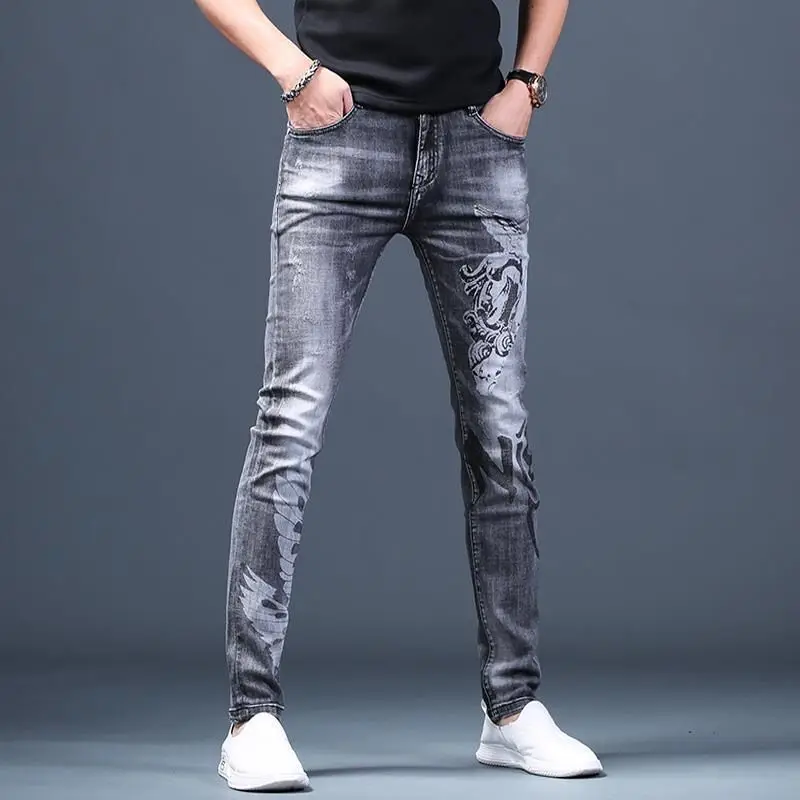 Trendy Luxury Clothing Men Korean Casual Denim Jeans Printed Patterns Slim Designer Spring Autumn Streetwear Cotton Trousers