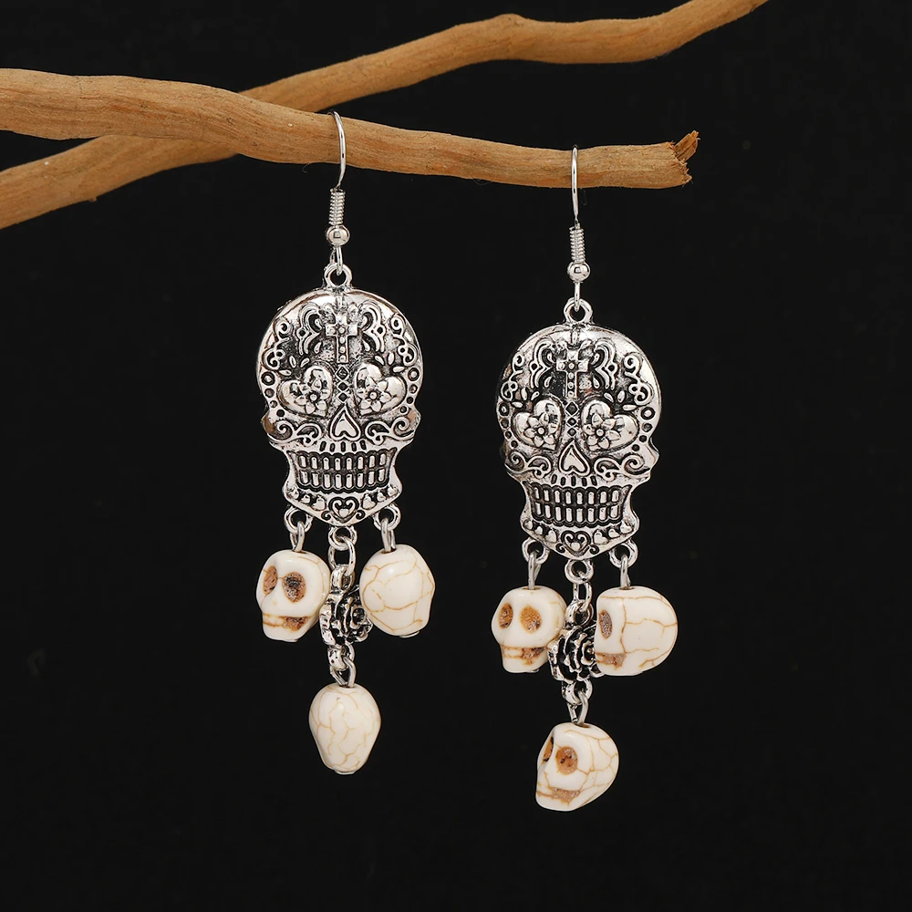 Ethnic Vintage Antique Silver Color Alloy Carving Heart Flower Skull Tassel Dangle Earrings Women\'s Halloween Party Accessories